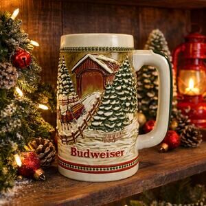 Vintage Budweiser Holiday Beer Stein Clydesdale Covered Bridge Mug